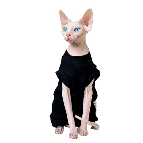 Sphynx Katzenkleidung, Sommerkleidung, Baumwolle, dehnbar und bequem, haarlos, Katzenbekleidung für Devon Rex Katze, Cornish, Peterbald, kleine Katzen und Hunde (Größe S, Schwarz)
