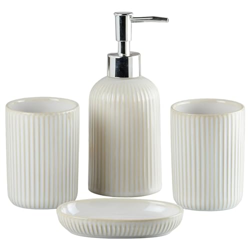 Image of SaSaSa Ceramic Bathroom Accessories Set of 4 Modern Bath Set with Soap Dispenser & Toothbrush Holder, Luxury Home & Gift Idea, Beige (8229)