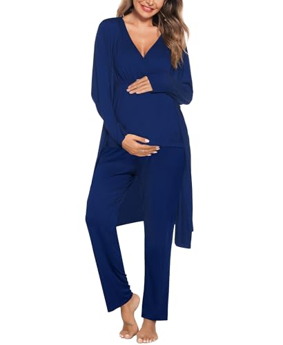 Image of SWOMOG Maternity Nursing Robe Set 3 Piece Postpartum Breastfeeding Pajamas 3 in 1 Hospital Labor Delivery Pregnancy Pjs