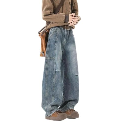 Men Oversized Baggy Jeans Cotton Black Wash Streetwear with Splicing Detail Non-Stretch Wide Leg Pants