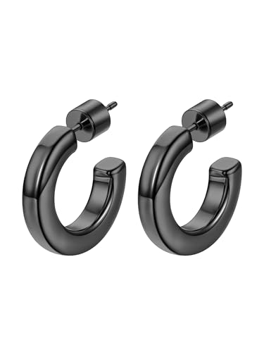 Image of Stainless Steel Chunky Hoop Earrings For Women, Minimalist and Chic, Black /Gold Plated, Round Hoops Earrings Hypoallergenic, Size: 30mm /40mm /60mm /80mm, Come with Box