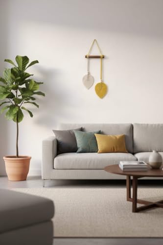 Image of AdFashionble Boho Macrame Wall Hanging Leaf Decor for Home, Living Room & Bedroom | Cotton Thread Art with Wooden Rod | Minimalist Handmade Wall Decoration | Aesthetic Nordic Wall Art for Home, Office & Gift Purpose Lenght- 58 cm Width- 15 cm (YELLOW & OFFWHITE)