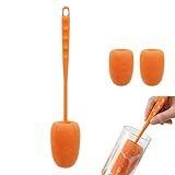 XiaZhiZhen Schwamm Flaschenbürste mit 2 Ersatzschwammköpfen, Orange, 27cm x 5,5cm, für Reinigung von Flaschen und Gläsern