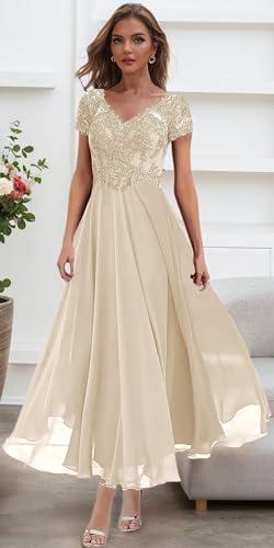 Tea Length Mother of The Bride Dresses with Sleeves V Neck Formal Dress for Women Lace Evening Gown3