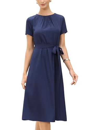 Allegra K Damen Midi-Sommerkleid Lässig Elegant Kurzarm Rundhals A-Linie Fließend mit Gürtel Business Kleider Navy Blau XL