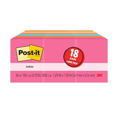 Image of Post-it Notes 1 3 /8 inch x 1 7 /8 inch Bright Colors - 100 sheets /pad - 18 pads - Total 1800 SHEET VALUE PACK