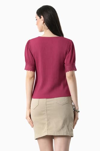 Image of Women V Neck Top with Button Front Puff Sleeves Crochet Lace Trim | Breathable Casual Blouse Shirt for Women | Summer Crop Top for Girls | Daily use Office College