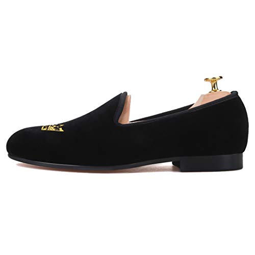 FERUCCI Men Plain Black Velvet Slippers Loafers with Gold Crown Wedding Prom4