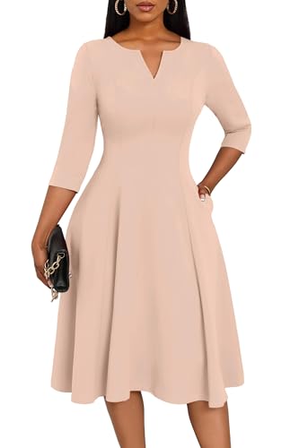 Image of Nmoder Midi Dresses for Women A-Line Fit and Flare Dress 3 /4 Sleeve V Neck Cocktail Wedding Guest Work Dress with Pockets