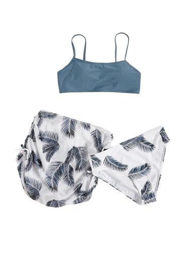 Image of Milumia Girl's 3 Set Tropical Leaf Print Bikini Set Swimsuit Drawstring Beach Skirt Swimwear