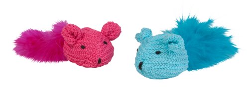 Boss Pet Chomper Kylie's Brites 2-Piece Knit Mouse Toy With Feather For Pets, Assorted Colors #TOP1