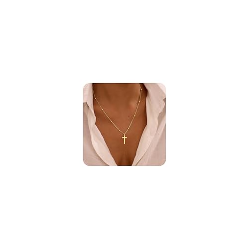De Amo Sara Cross Necklace for Women, Dainty 14K Gold Plated Cross Pendant Simple Long Necklaces for Women, Christian Faith Necklace Trendy Gold Jewelry Gifts for Easter