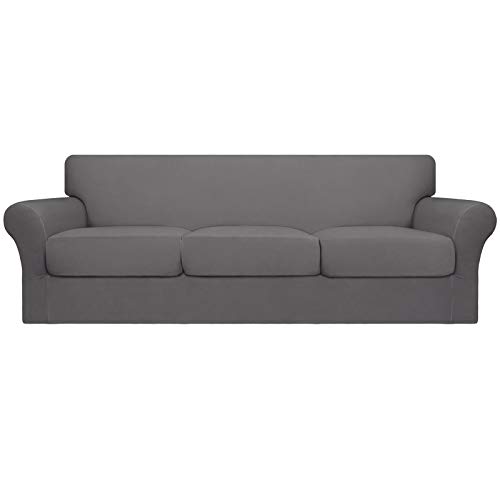 Image of Easy-Going 4 Pieces Oversized Stretch Couch Cover for Dogs Washable | Sectional Sofa Slipcover for 3 Separate Cushion Couch - Elastic Furniture Protector for Pets, Kids Light Gray
