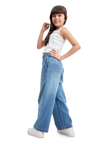 Image of olele Girls Super Jeans Collection for 4-14 Yrs | Stretchable Cotton Denim Trousers | Blue Jeans for Kids | Baggy Denim Pants | Cargo Pants for Girls