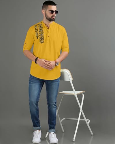 Image of FINIVO FASHION Men's Regular Fit Cotton Blend Kurta Shirt | Full Sleeve Ethnic Shirt with Mandarin Collar and Button Placket | Casual Kurta for Daily and Traditional Use