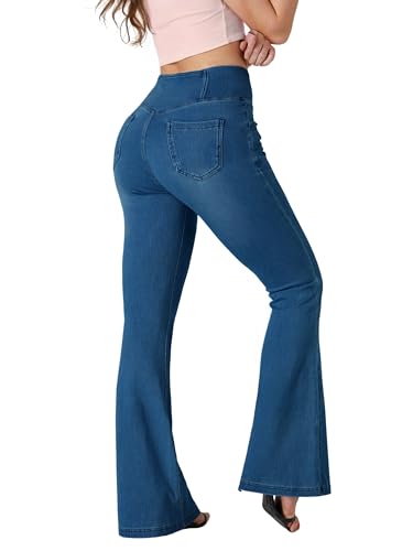BlueRose Flare Leggings with Pockets Crossover High Waisted Bell Bottom Yoga Pants Bootcut Jean Leggings Dark Blue2