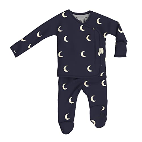 Image of Bonsie Skin to Skin Babywear Footie Bodysuit - Dark Blue Baby Footed One Piece with Moon Pattern - G'night Moon