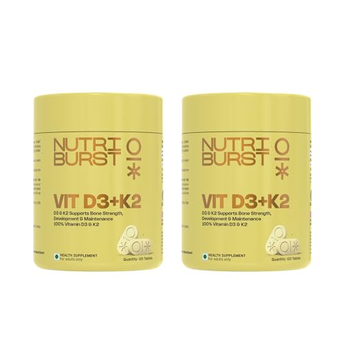 Image of Nutriburst Vitamin D3 + K2 | Vitamin D3 K2 Supplement for Men & Women | Supports Bone Strength & Heart Health | Vitamin D with K2 for Better Absorption | 240 Veg Tablets (4-Month Supply)