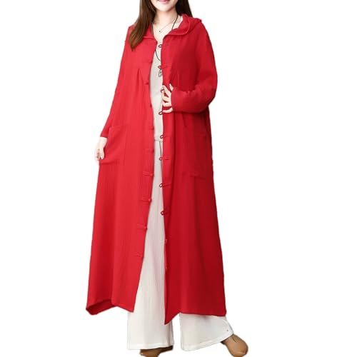 LUZU JUNU Gabardina de algodón y lino con capucha para mujer, manga larga, botones de rana china con bolsillo, Rojo, Talla única