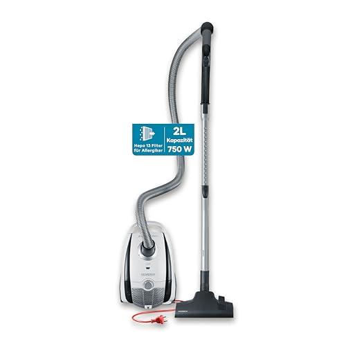SEVERIN Staubsauger S´POWER snowlight, kompakter Bodenstaubsauger für Teppich- und Hartböden, leiser Staubsauger mit Beutel, 750 W, 8 m Reichweite, weiß, grau, BC 7035
