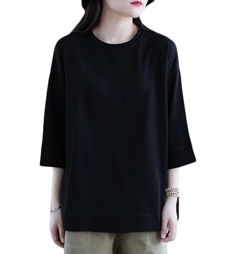 [Fosys] 綿 7分袖 tシャツ カットソー レディース 涼しい カジュアル 大きいサイズ 無地 春 夏 (JP, アルファベット, M, ブラック)のサムネイル