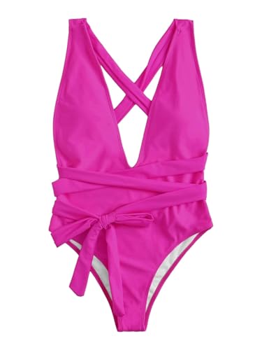 Image of Lilosy Sexy Tie Criss Cross Plunge One Piece Thong Swimsuit High Cut Brazilian Bathing Suit