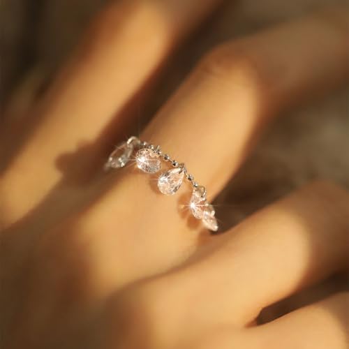 Diamond Beaded Ring for Women Crystal Solitaire Waterdrop CZ Charms Dangle Bead Ball Statement Adjustable Finger Rings Band Dainty Wedding Engagement Jewelry Gifts for Bridesmaid3