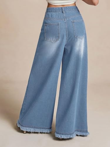 CHARTOU Baggy Wide Leg Jeans Woman Mid Rise Frayed Flare Jeans Boyfriend Stretchy Denim Pants3