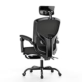 rattantree Silla de Oficina, Silla de Escritorio Ergonómica con Reposapiés, Reposacabezas Ajustable, Soporte Lumbar Ajustable, Ajuste de Altura, Silla Reclinable de Malla con Respaldo Alto, Negro