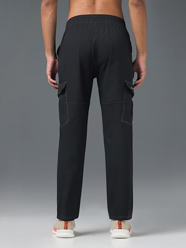 Image of TECHNOSPORT Men's Solid Straight Fit Cargo Pants TS Flexi 6 Pocket Polyester Quick Dry Elasticated Drawstring for Gym Travel Running Workout