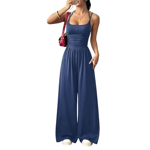 Mono largo azul de pernera ancha con escote cuadrado casual para mujer