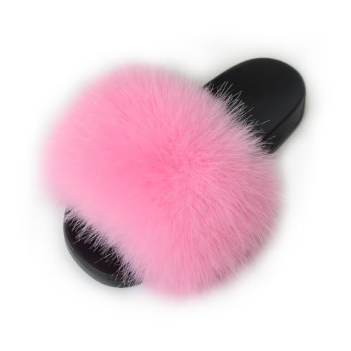Image of Women's Faux Fur Slides Slippers Fluffy Fuzzy Sandals Open Toe Furry Slide Flip Flop Indoor Outdoor