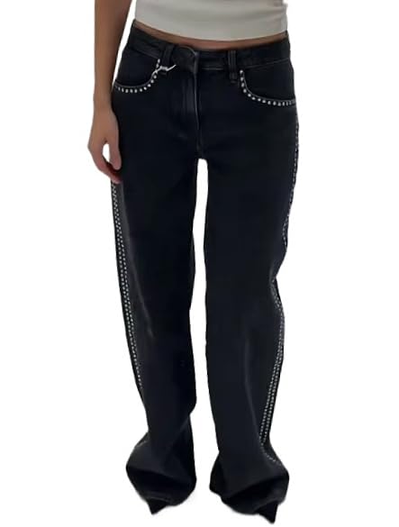 Y2K Studded Jeans for Women Punk Rivet Decorated Denim Pants Grunge 2000s Vintage Low Rise Baggy Fit