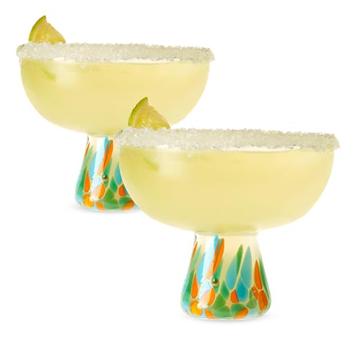 Twine Segunda Vida Viajar Hand-Blown Margarita Glasses, Recycled Cocktail Glass, Artisan Made with Vibrant Confetti Design, Wide Stem Mexican Glassware, Elegant Drinkware, 10 oz, Set of 2
