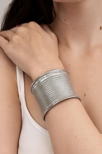 Image of Touchstone Indian Bollywood Desire Brass Base Exotic Workmanship Free Size Cuff Bracelet in Antique Gold Or White Or Copper Tone for Women.