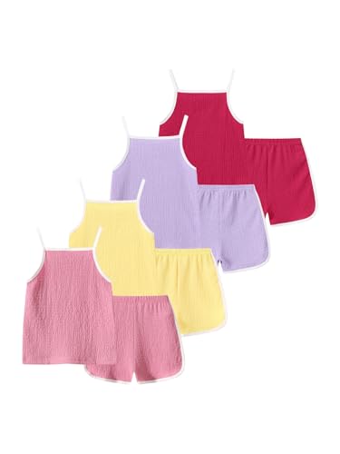 Image of Girls 8 Pieces Summer Outfits Casual Cami Tank Top and Dolphin Shorts Clothing Sets 4-8Y