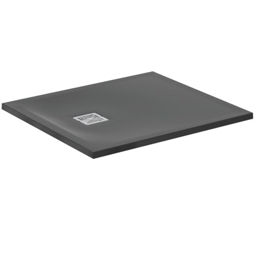 Ideal Standard - Ultra Flat S+, Plato de ducha rectangular ultrafino de resina efecto piedra, 90 x 80 cm, Ideal Solid, desagüe lado corto, negro