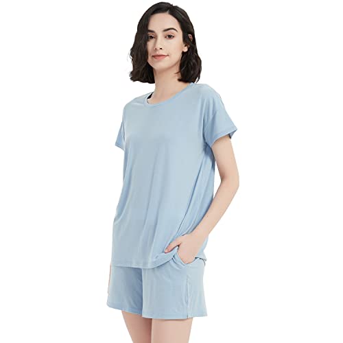 Metarino Merino Wool Pajamas Women 2Pcs Set Nightwear Short Sleeve Soft O Neck Sleepwear For Home,Sky Blue,Large, Mata-6287 #TOP1