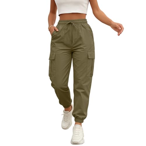 Women's Casual Cargo Pants Solid Color Joggers Drawstring Waist Elastic Waistband Multiple Pockets Trousers