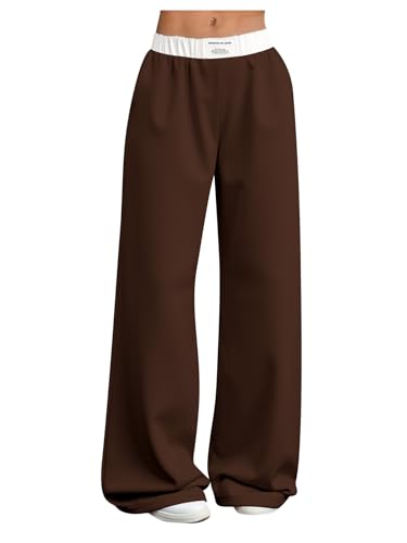 Image of RoseSeek Girl's Baggy Sweatpants Letter Patched Wide Leg Pants Elastic Waist Long Trousers Joggers Trendy
