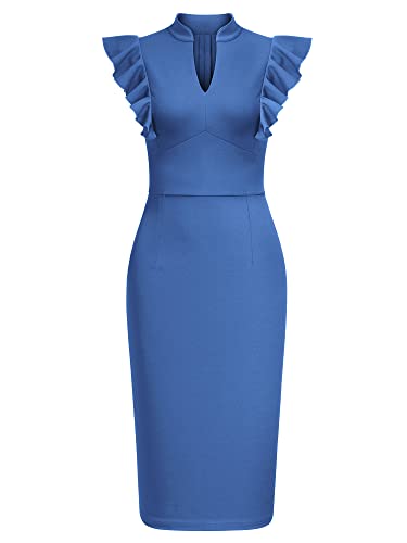 Image of Knitee Women's Vintage Ruffle Sleeve V-Neck Bodycon Evening Party Cocktail Pencil Sheath Dress