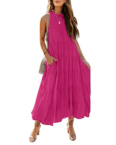 Image of HAEOF Women's Summer Sleeveless Halter Midi Maxi Dress Casual Loose Fit Pleated Tiered Flowy Beach Vacation Long Sundress