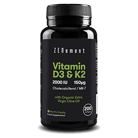 Vitamin D3 + K2, Cholecalciferol (2000 IU) & MK-7 (150μg), 200 Softgels | with Organic Extra Virgin Olive Oil | Bones, Muscles & Immune System | 100% Natural Ingredients, No Additives | Zenement Cover