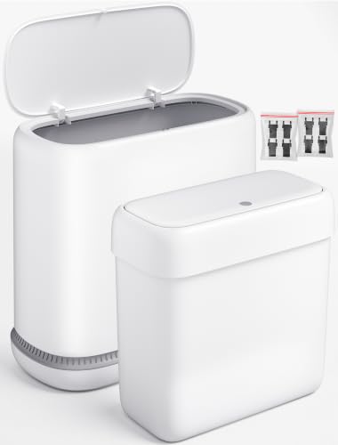 Image of Small Bathroom Trash Can with Lid, Dog Proof Slim Press Top Garbage Can, White Plastic Narrow Waste Basket, for Bathroom Bedroom Office 2 Pack Set with 4.8 Gal and 2.9 Gal