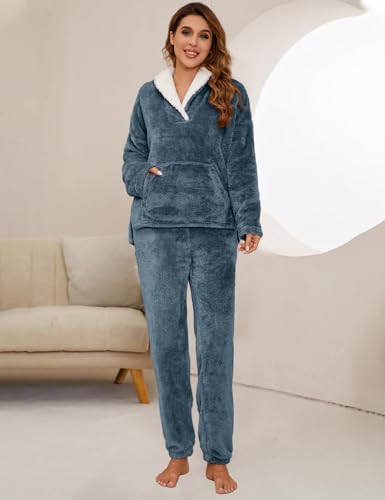Flygo Women Fuzzy Warm Fleece Pajamas Sets Winter Flannel Sleepwear Fluffy Pajama Pullover Top Lounge Pants Set4
