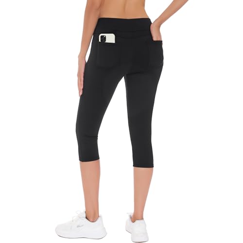 adorence 3/4 Leggins Sportivi Donna con 4 Tasche, Leggings Corti Donna Vita Alta, Pinocchietti Estivi Yoga Opaco - Nero,L