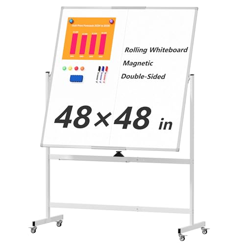 Image of Large Rolling Whiteboard on Wheels, 48 inch x 48 inch Double-Sided Mobile White Board with Stand, 4' x 4' Portable Standing Magnetic Dry Erase Board Easel for Home Office Classroom School, Silver