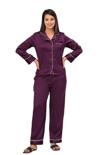 Image of Women Satin Solid Night Suit - Purple