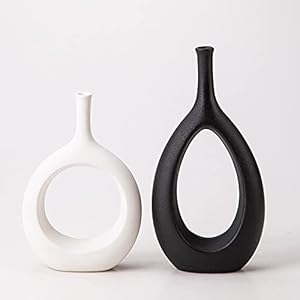 Vase Black and White Ceramic, Set of 2 Vase for Pampas Grass, Vase Stoneware Made in High-Quality Handmade, Modern Abstract Ornaments Flower Vase Decoration, Living Room, Bedroom, Office