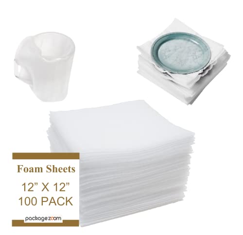 PackageZoom Foam Wrap Foam Sheet - 12”x12” 100 Pack - Cushioning Protection for Moving Shipping Packing Padding Dishes China Mugs Cups Storing